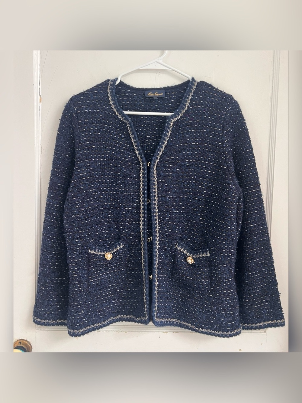 Luisa Spagnoli tweed cardigan jacket metallic thread jewel accents
$760 Size L